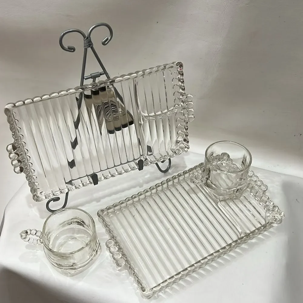 Hazel Atlas Ball & Rib Elegant Clear Glass Smoke Snack & Sip Tray 6 Oz Cup Set